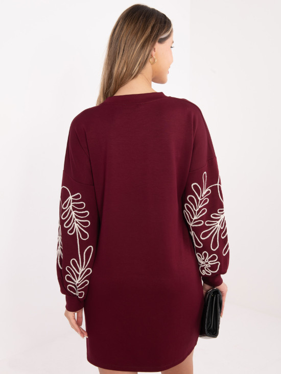 Burgundy short dress with embroidery and puff sleeves