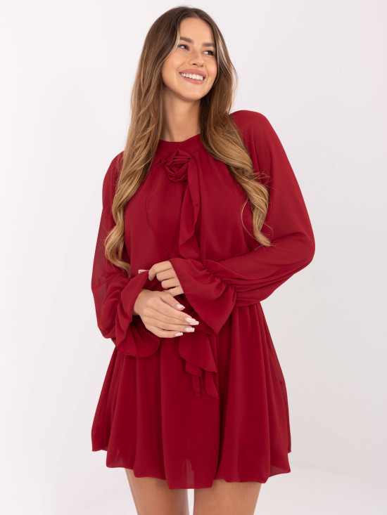 Burgundy flared mini dress with ruffle and jabot