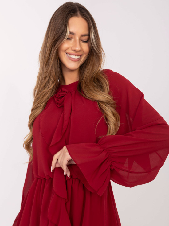 Burgundy flared mini dress with ruffle and jabot