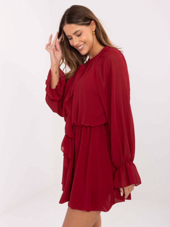 Burgundy flared mini dress with ruffle and jabot
