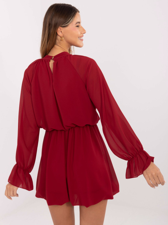 Burgundy flared mini dress with ruffle and jabot