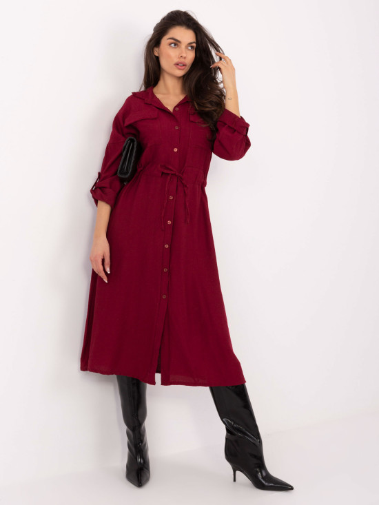 Burgundy flared midi dress with collar