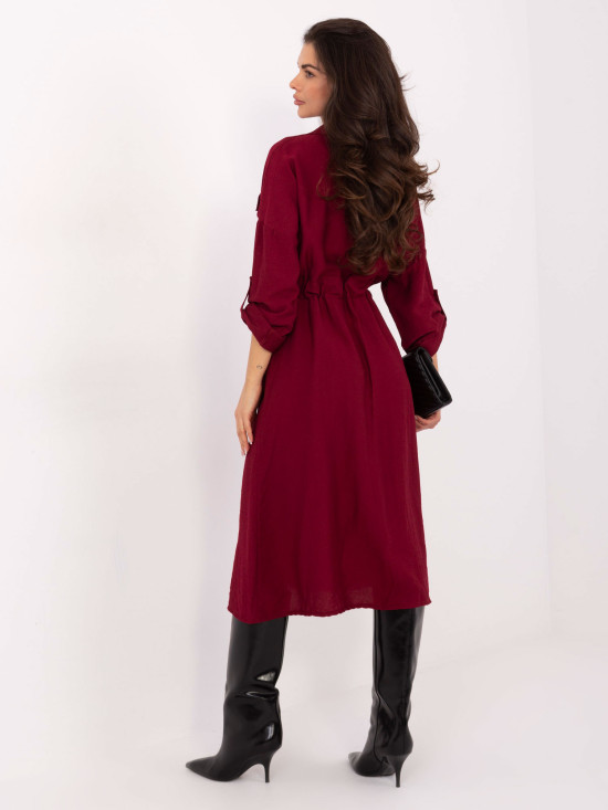 Burgundy flared midi dress with collar