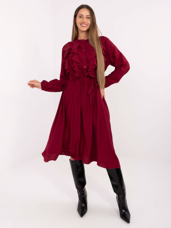 Burgundy midi dress with ruffle and belt