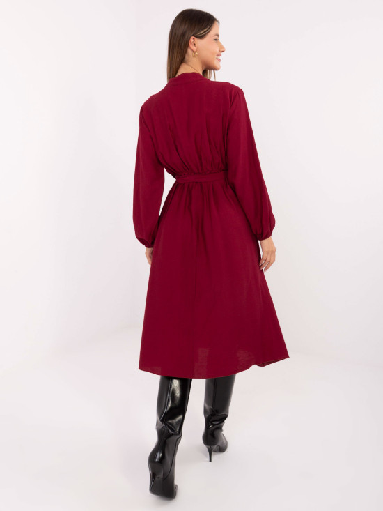 Burgundy midi dress with ruffle and belt