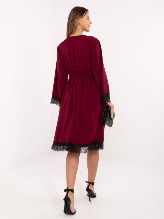 Burgundy midi dress with lace and wrap neckline