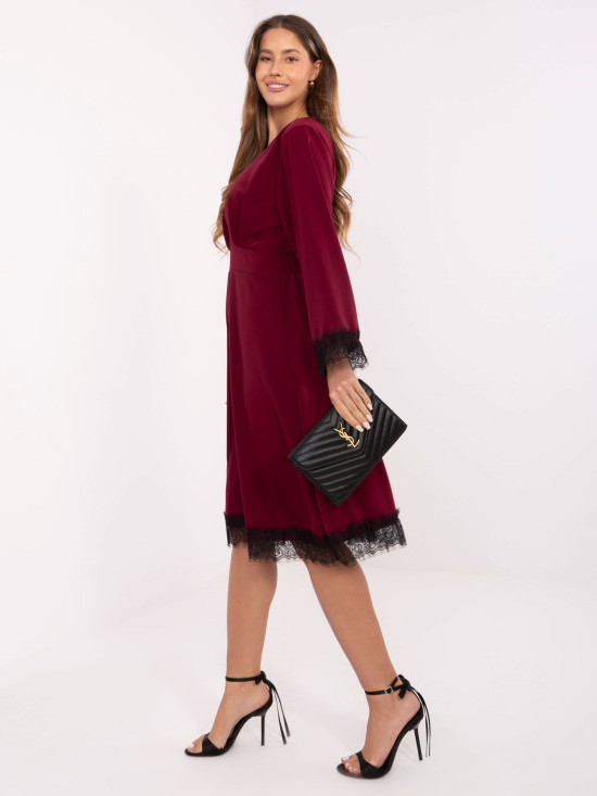 Burgundy midi dress with lace and wrap neckline