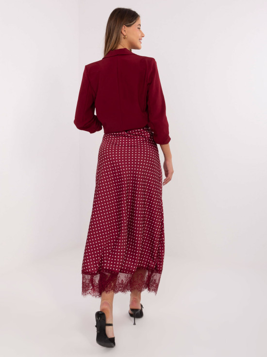 Burgundy polka dot midi skirt with lace