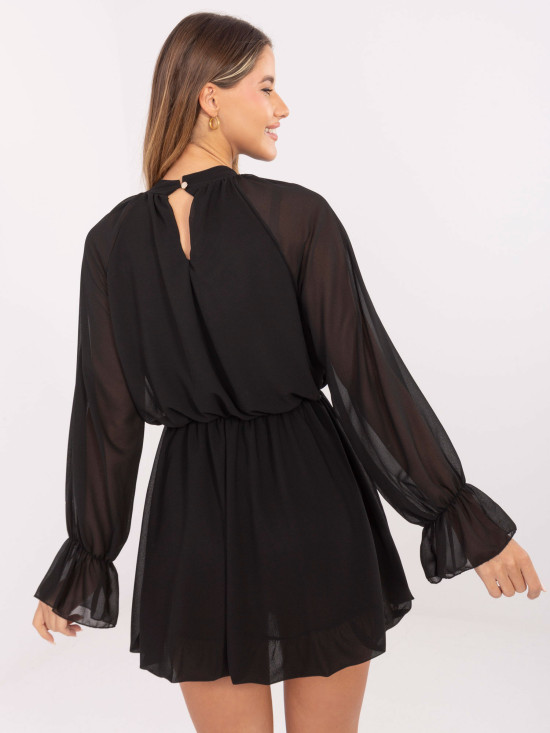 Black flared mini dress with ruffle and jabot