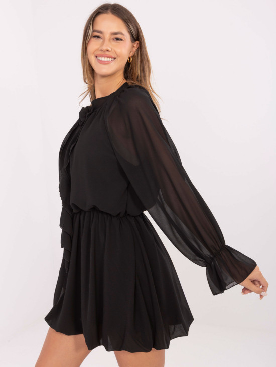 Black flared mini dress with ruffle and jabot