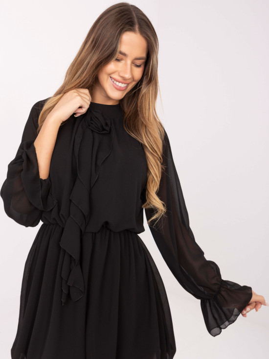 Black flared mini dress with ruffle and jabot