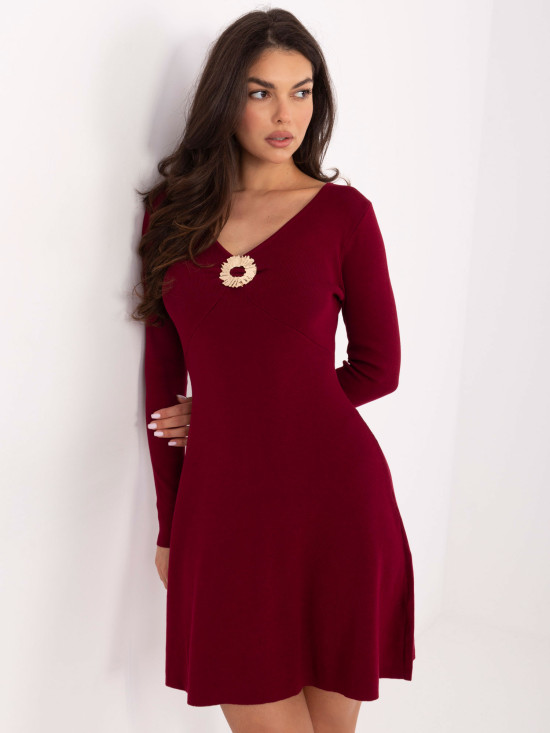 Burgundy ribbed knit mini dress with V-neckline