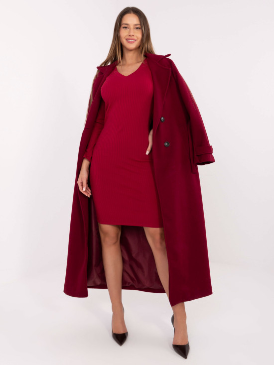 Burgundy ribbed pencil dress with long sleeves and V-neck