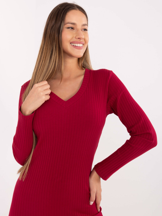 Burgundy ribbed pencil dress with long sleeves and V-neck