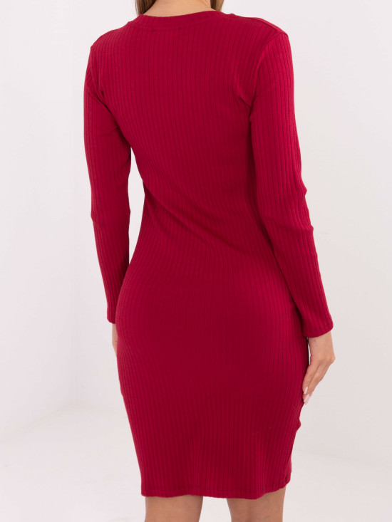 Burgundy ribbed pencil dress with long sleeves and V-neck