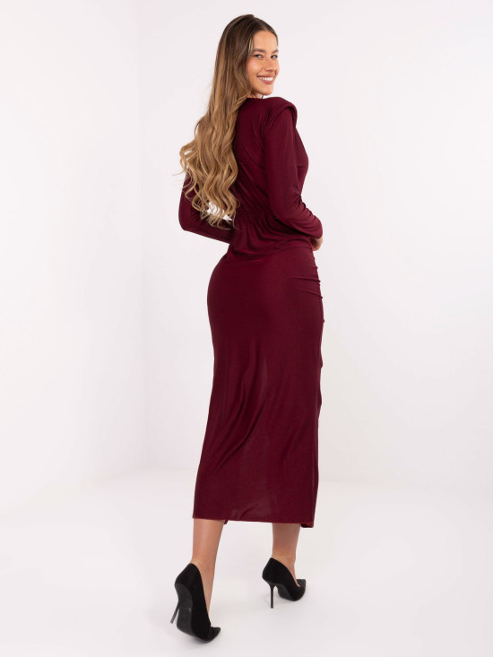 Burgundy midi pencil dress with wrap neckline and long sleeves