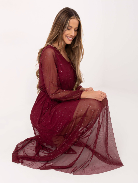 Burgundy maxi dress with belt and lining