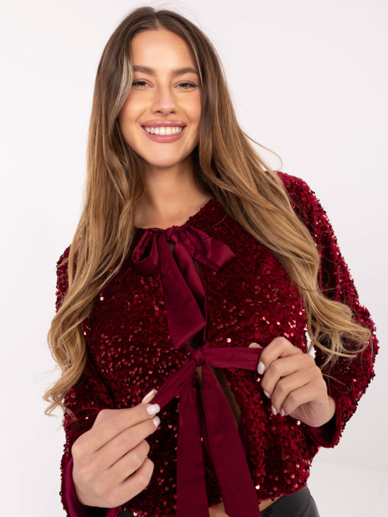 Elegant short burgundy cardigan with sequins and lining