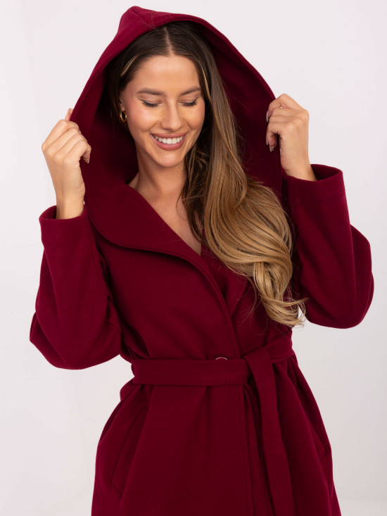 Burgundy transitional coat with hood and belt