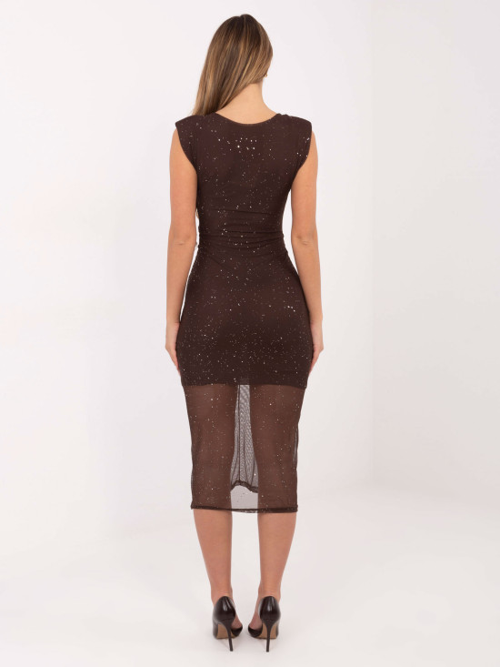 Brown midi cocktail dress with appliqué and brooch