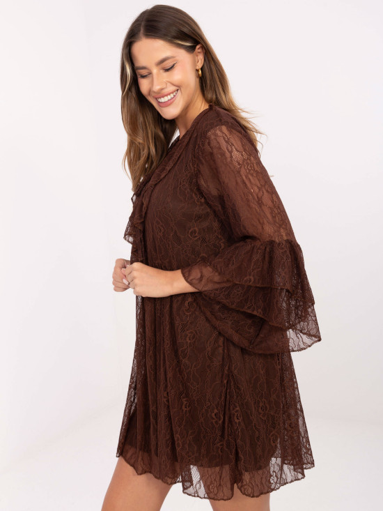 Brown flared mini dress with lace and tie detail