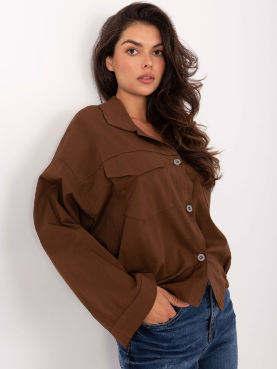 Brown cotton shirt with long sleeves and pockets