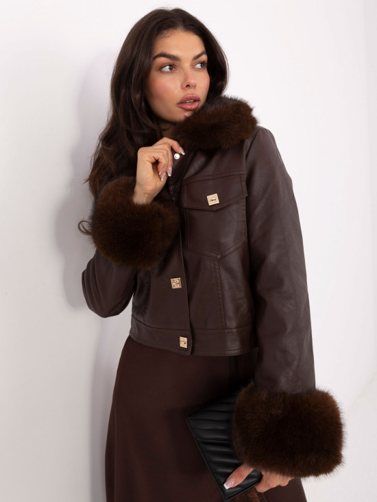 Short brown faux leather jacket with lining