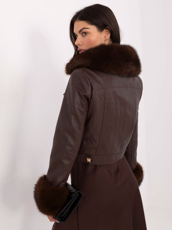 Short brown faux leather jacket with lining