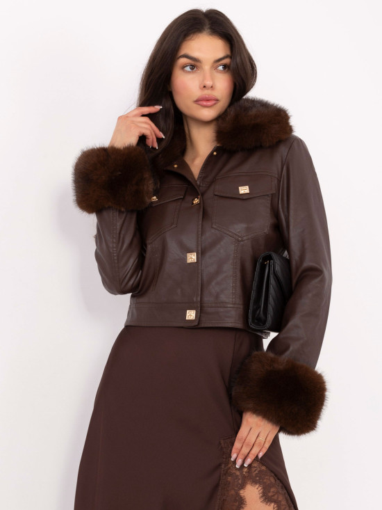 Short brown faux leather jacket with lining