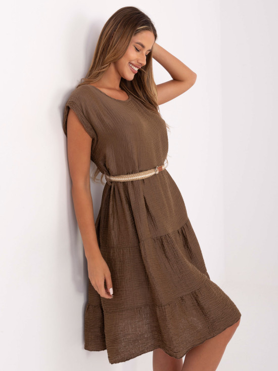 Brown Summer Dress with Belt and Ruffle