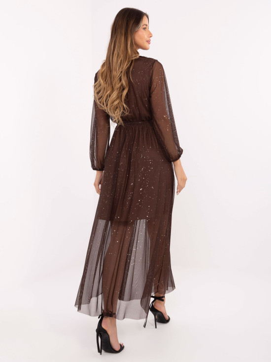 Brown maxi dress with appliqué and belt