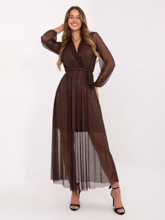 Brown maxi dress with appliqué and belt
