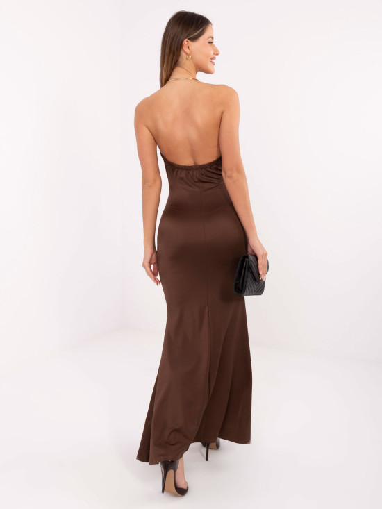 Elegant brown maxi dress with draped neckline