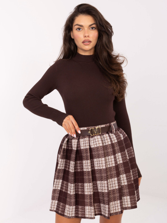 Brown plaid mini skirt with belt