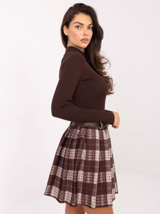 Brown plaid mini skirt with belt