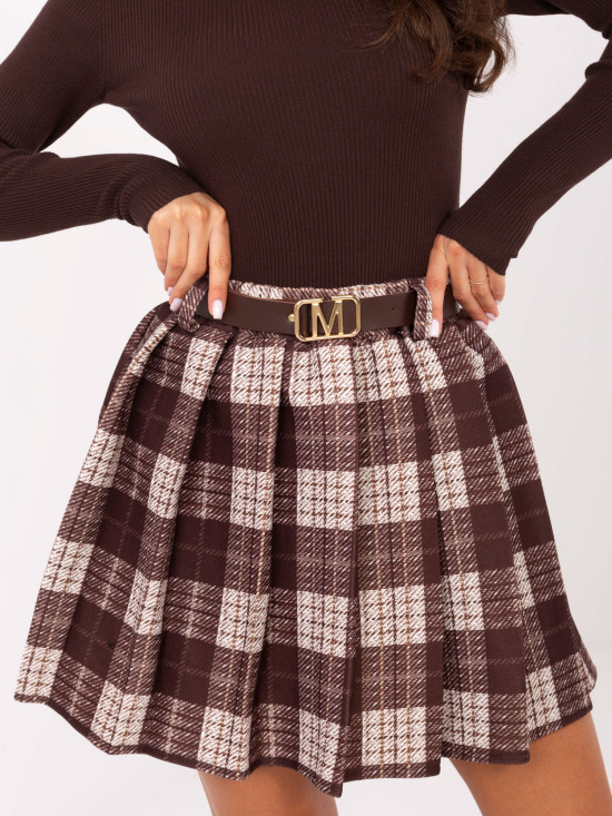 Brown plaid mini skirt with belt