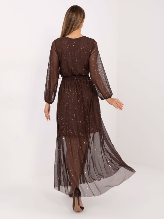 Brown maxi dress with appliqué and belt