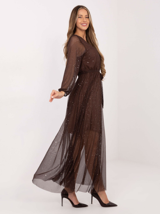 Brown maxi dress with appliqué and belt
