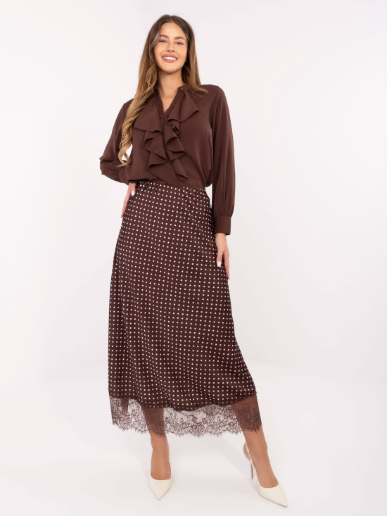 Brown polka dot midi skirt with lace