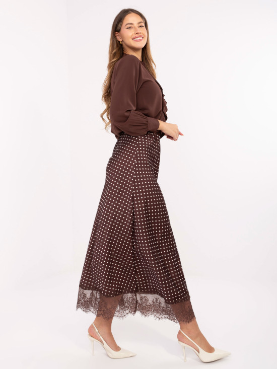 Brown polka dot midi skirt with lace
