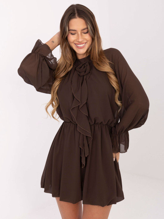 Brown flared mini dress with ruffle and jabot