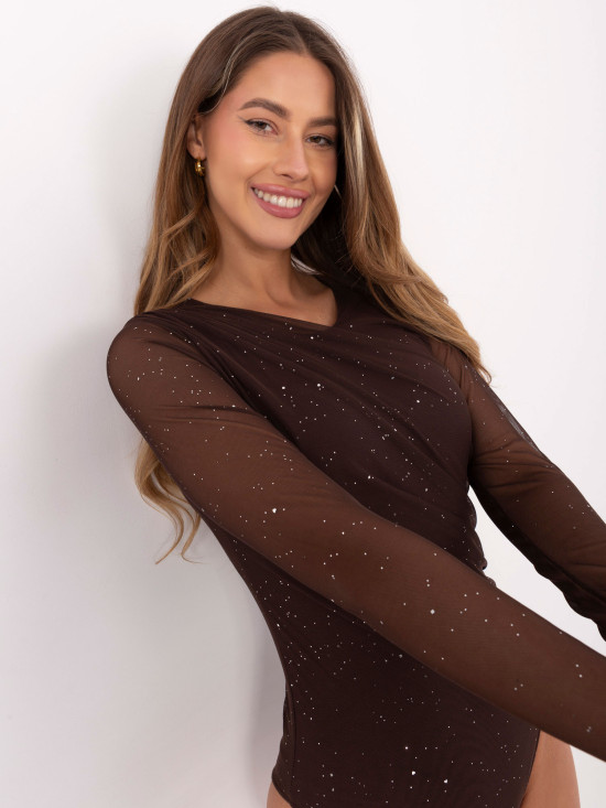Elegant brown bodysuit with applique and long sleeves