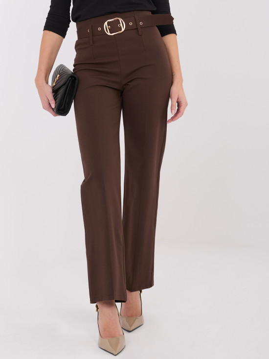 Elegant brown straight-leg trousers with belt and high waist