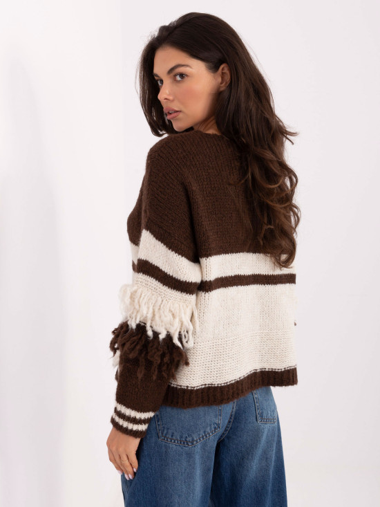 Brown striped cardigan with V-neck and fringes