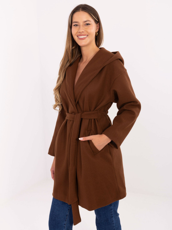 Brown transitional coat with hood and belt