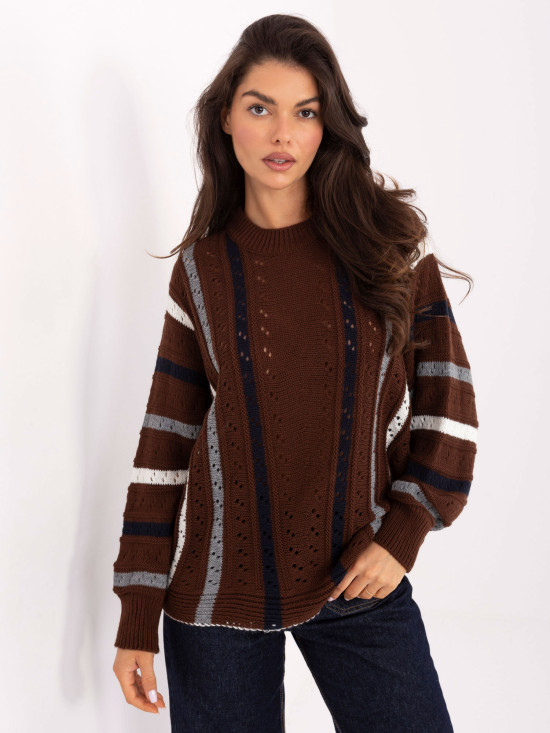 Brown openwork striped sweater