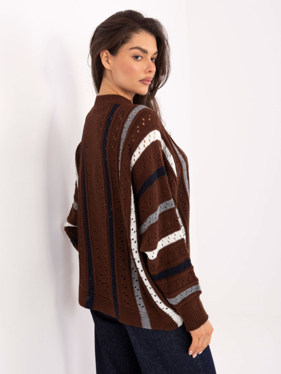 Brown openwork striped sweater
