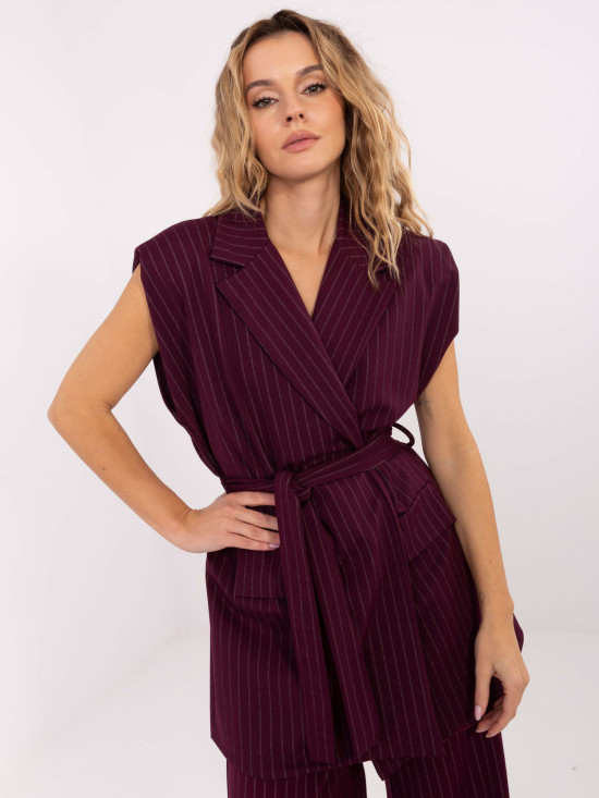 Elegant burgundy vest with belt and stripes