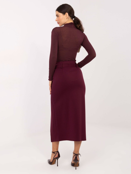 Elegant burgundy midi skirt with belt