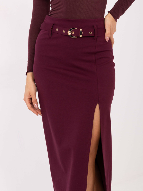Elegant burgundy midi skirt with belt
